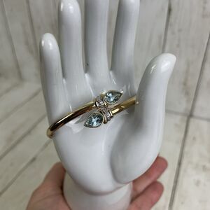 14k Yellow Gold Blue Topaz W/ Diamond Accents Bypass Bracelet Estate Jewelry